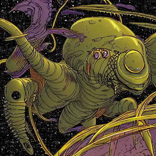 Image similar to low angle long shot of a collossal creature, illustration by moebius