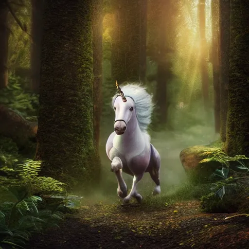 Prompt: realistic octane render 8k of fantasy scene unicorn running in the forest