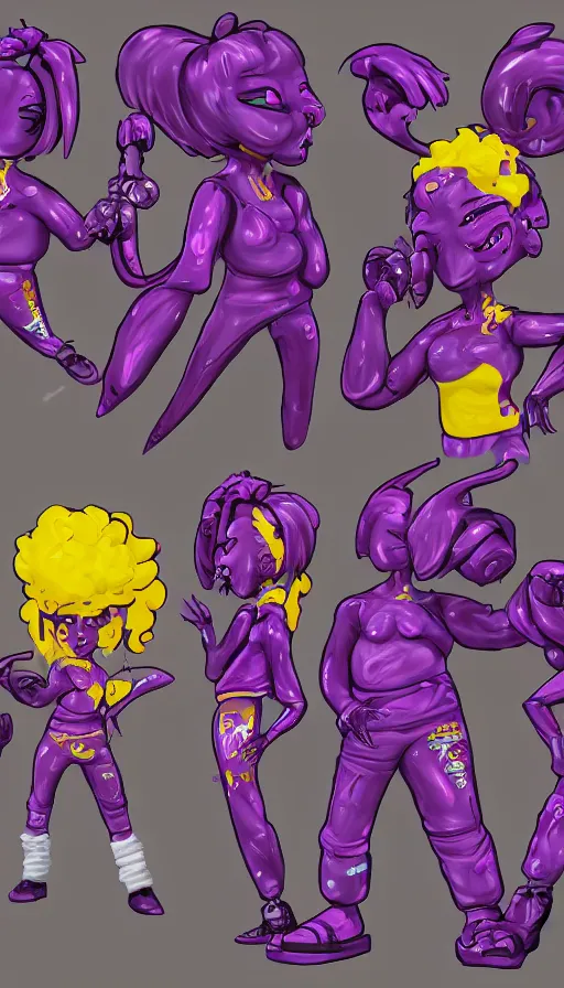 Image similar to a sprite sheet of a graffiti wirter holding a spray can and purple hair, 3D character, sweat drops, insane, intricate, highly detailed, oil painting, smooth, sharp focus, Unreal Engine 5, 8K