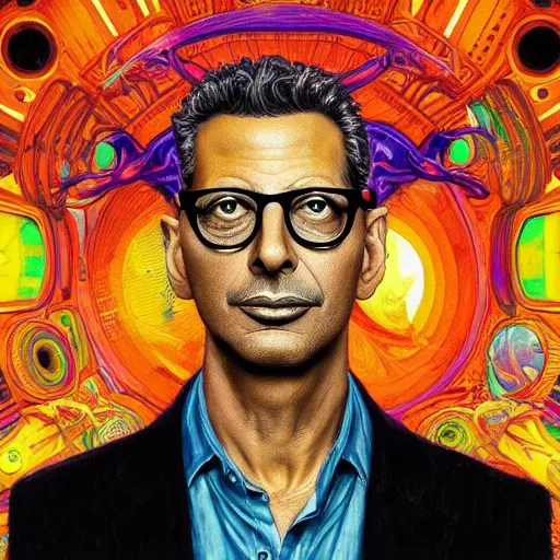 Image similar to Jeff Goldblum an extremely psychedelic experience, colorful, surreal, dramatic lighting, cosmonaut, LSD, face, detailed, intricate, elegant, highly detailed, digital painting, artstation, concept art, smooth, sharp focus, illustration, art by Sam Spratt, Dan Mumford, Artem Demura and Alphonse Mucha