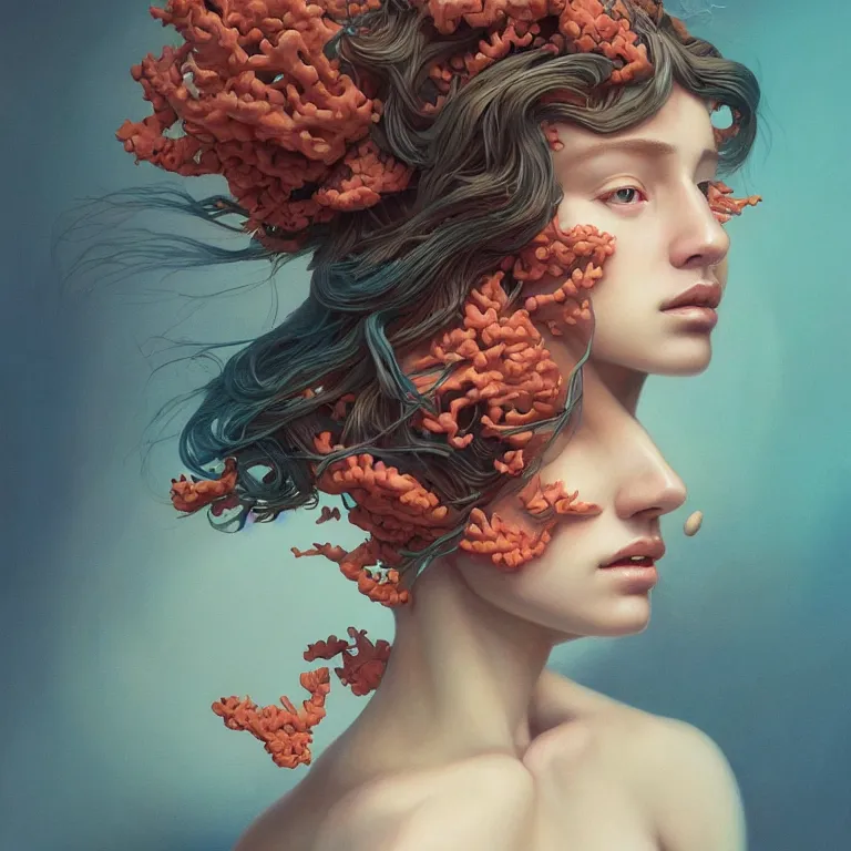 Image similar to portrait of beautiful!! woman with coral!! reef hair. soft light painted by james jean and moebius!!! and erik jones, inspired by mary jane ansell, smooth face feature, intricate oil painting, high detail 3 d render, sharp high detail