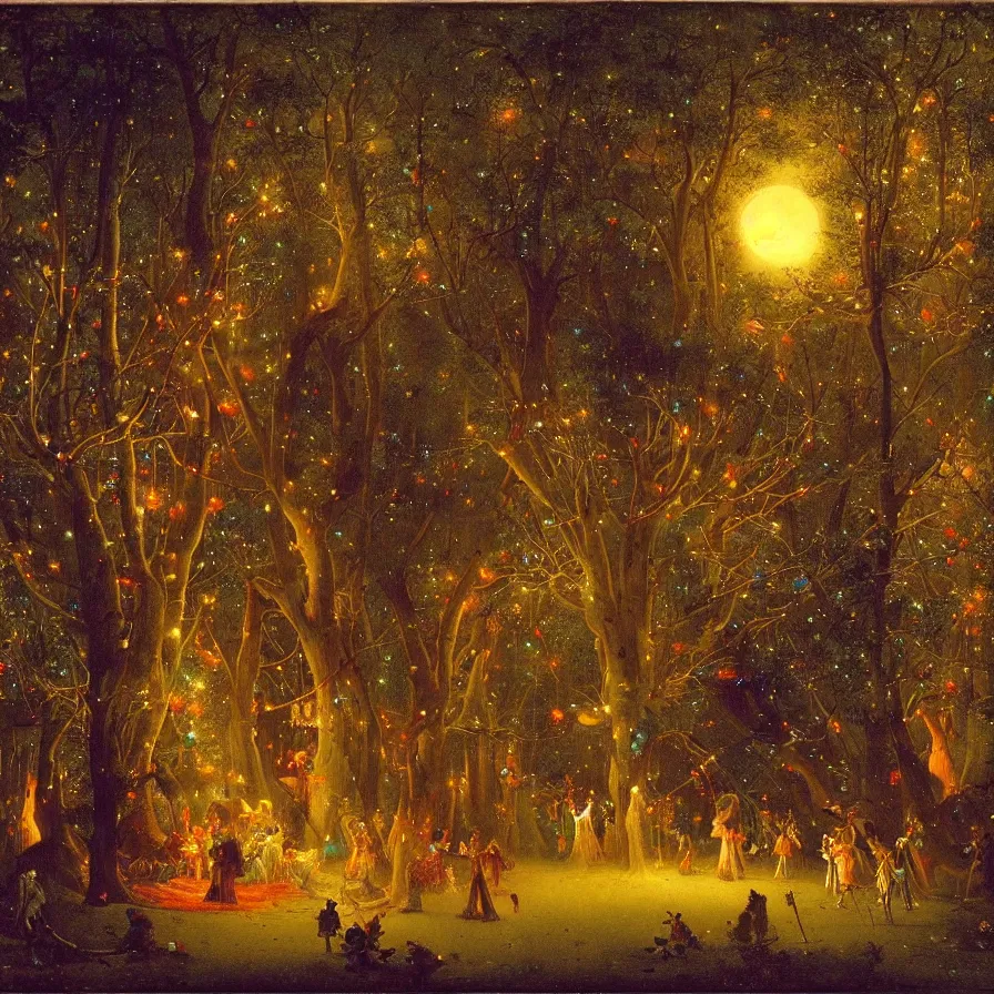 Image similar to a night carnival around a magical tree cavity, with a surreal orange moonlight and fireworks in the background, next to a lake with iridiscent water, christmas lights, folklore animals and people disguised as fantastic creatures in a magical forest by summer night, masterpiece painted by carl spitzweg, dark night environment