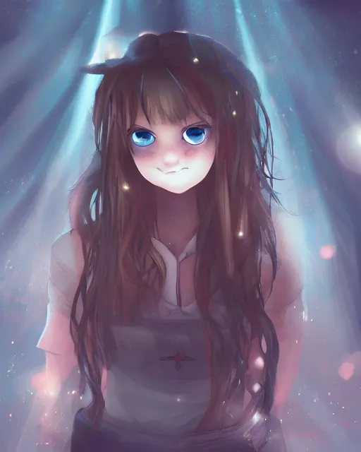 Image similar to a teenage girl on a haunted ship, full shot, anime, digital art, captures emotion and movement, ambient lighting, perfect composition, dynamic lighting, detailed face, very extremely detailed blue eyes, smooth shading