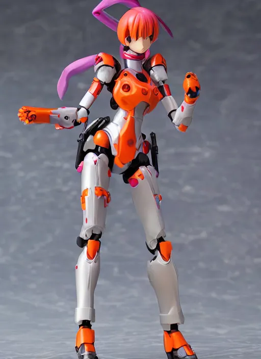 Prompt: toy design,Girl in mecha cyber Armor, portrait of the action figure of a girl, with bare legs， holding a weapon，in the style of NEON GENESIS EVANGELION， anime figma figure, studio photo