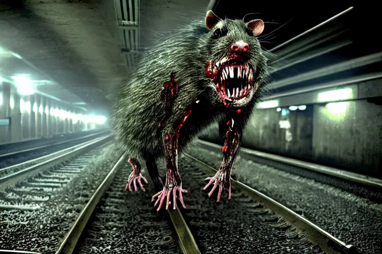 Image similar to very large giant mutant zombie irradiated ( angry rat ) staying on railways in tonnel of moscow subway. tonnel, railways, giant angry rat, furr, fangs, claws, very realistic. fog, extreme long shot, herman nitsch, giger.