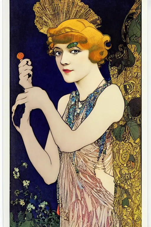 Image similar to portrait en buste of flapper girl of the roaring 20s by Aubrey Beardsley, by Alphonse Mucha by Gustav Klimt, by Maxfield Parrish, by Gerda Wegener, by Henri de Toulouse-Lautrec, bold moody colors, flamboyant clothes, roaring twenties