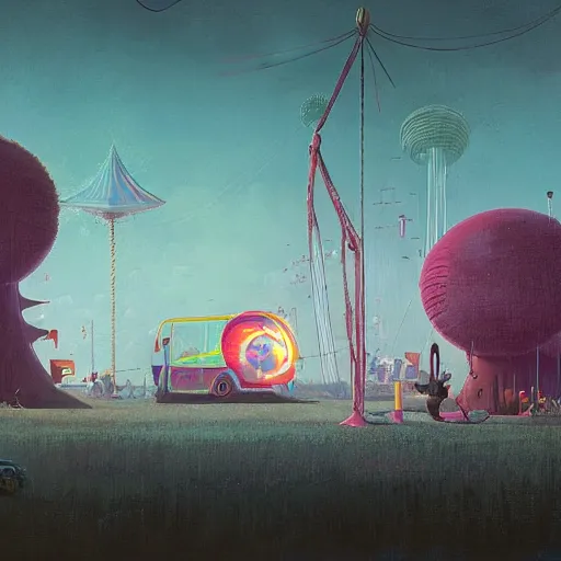 Image similar to A weird circus, by Simon Stålenhag, James Gilleard and Bruce Pennington