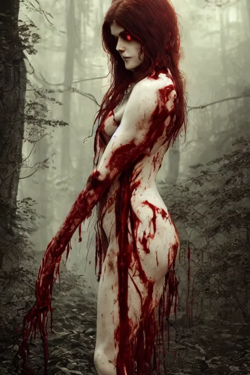 Image similar to woman black skeleton body covered with blood, alexandra daddario face, long red hair, ultra realistic, concept art, intricate details, highly detailed, photorealistic, octane render, 8 k, unreal engine. retro film still, heavy grain, 3 5 mm, art by artgerm and greg rutkowski and alphonse mucha