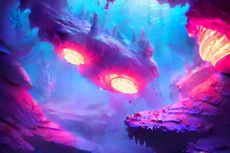 Image similar to beautiful crystal coral, pink, orange, purple, underwater crystal caverns, concept art, beautiful lights, d & d, fantasy, highly detailed, masterpiece, volumetric lighting, digital painting, artstation, smooth, sharp focus, illustration, art by artgerm, by greg rutkowski