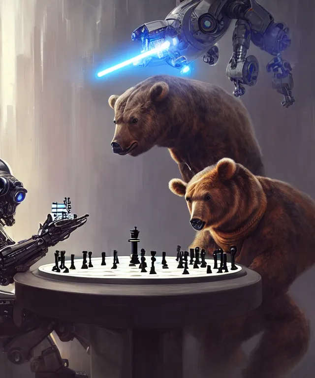 Prompt: futuristic cyborg bull playing chess against a droid bear, sci-fi scene, fantasy, intricate, elegant, highly detailed, digital painting, artstation, concept art, smooth, sharp focus, illustration, art by artgerm and greg rutkowski and alphonse mucha