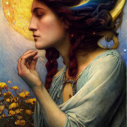 Image similar to queen of the moon with stars in her hair, by annie swynnerton and tino rodriguez and nicholas roerich and jean delville and donato giancola and tom bagshaw and evelyn demorgan and diego rivera, dramatic lighting, god rays, geometric tattoos, rich colors, smooth sharp focus, extremely detailed, adolf wolfli