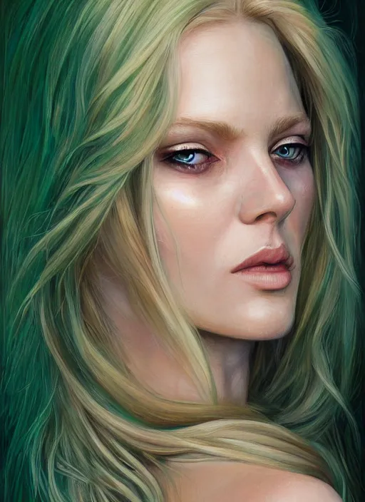 Image similar to a painting of a woman with long blonde hair and green eyes, a photorealistic painting by magali villeneuve, featured on cgsociety, fantasy art, detailed painting, photorealistic