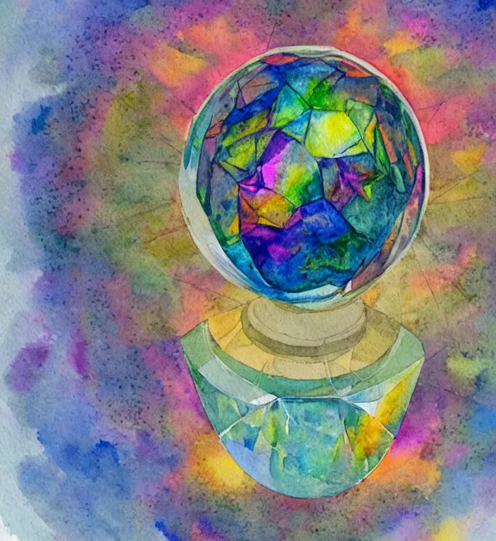 Image similar to a 1988 watercolor and ink illustration of an intricate and faceted crystal ball with a world inside of it + impasto + dissolving in to light + prism + god rays + dramatic lightning + backlit + specular + caustics