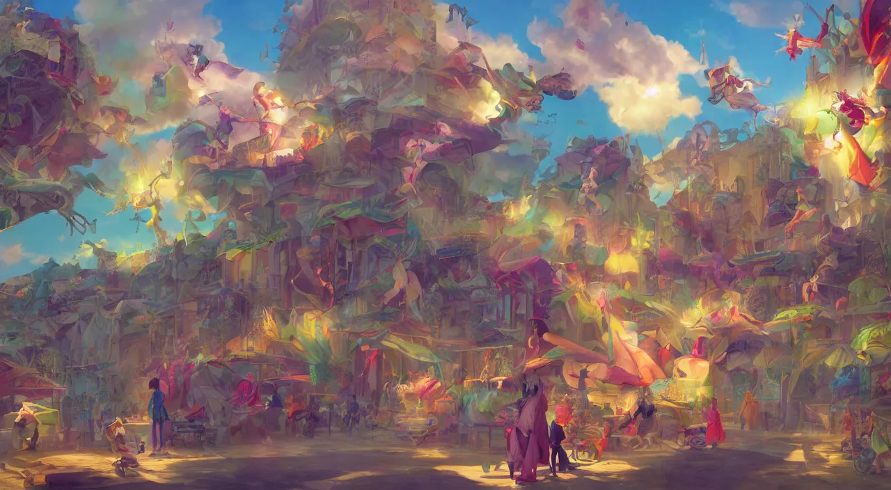 Image similar to bazaar zouk oriantal multicolorful sky shine place mosquet painting, sunny day, matte painting, bold shapes, hard edges, street art, trending on artstation, by huang guangjian and gil elvgren and sachin teng