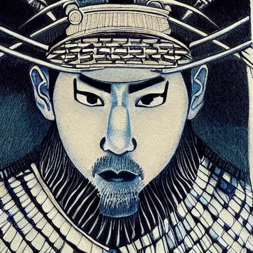 Prompt: beautiful samurai made with blue african ball point pen