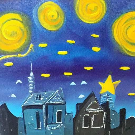 Image similar to paint acrylic a bird fly in the sky in the night over a town