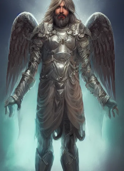 Image similar to an epic fantastic realism comic book style portrait painting of an aasimar paladin, male, angel wings on back, silver hair, short brown beard, d & d concept art, unreal 5, daz, teal aesthetic, octane render, cosplay, rpg portrait, dynamic lighting