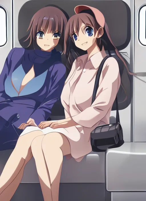 Image similar to two beautiful mothers on the train, summer clothes, gorgeous faces, thick lines, cinematic lighting, detailed anime art