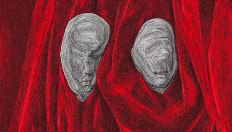 Image similar to portrait digital drawing of invisible man wrapped in red velvet sheet. surrounded by darkness