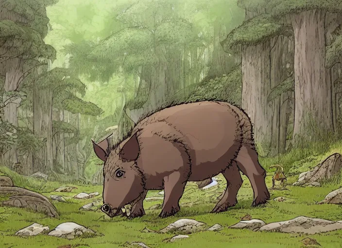 Prompt: a great brown and grey boar with tusks in a mythical forest next to a pathway, by ghibli studio and miyasaki, illustration, great composition