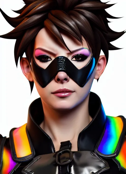 Image similar to hyperrealistic style portrait of tracer overwatch, confident pose, wearing black iridescent rainbow latex, 4 k, expressive happy smug expression, makeup, in style of mark arian, wearing detailed black leather collar, wearing sleek armor, black leather harness, expressive detailed face and eyes,