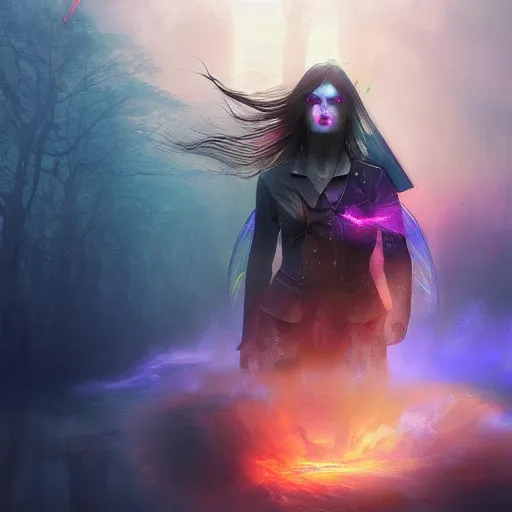 Image similar to cyberpunk magic circle undead girl; female character; flowing brown hair; heterochromia; david bowie eyes; 4K; 8k; Surrealism fractal with sounds edges and painterly style; perfect composition; fine details; epic brushwork; in nature; filmic; hdr; volumetric lighting; highly detailed; digital art; by Ivan Aivazovsky; by Aleksi Briclot; by Marc Simonetti