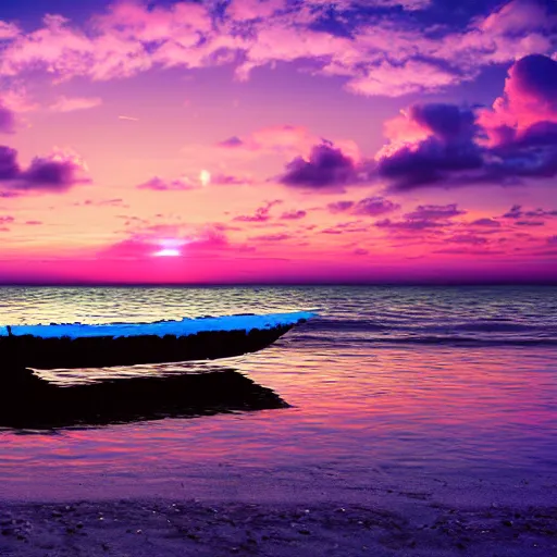 Image similar to a boat chilling on the beach, sunset, vaporwave