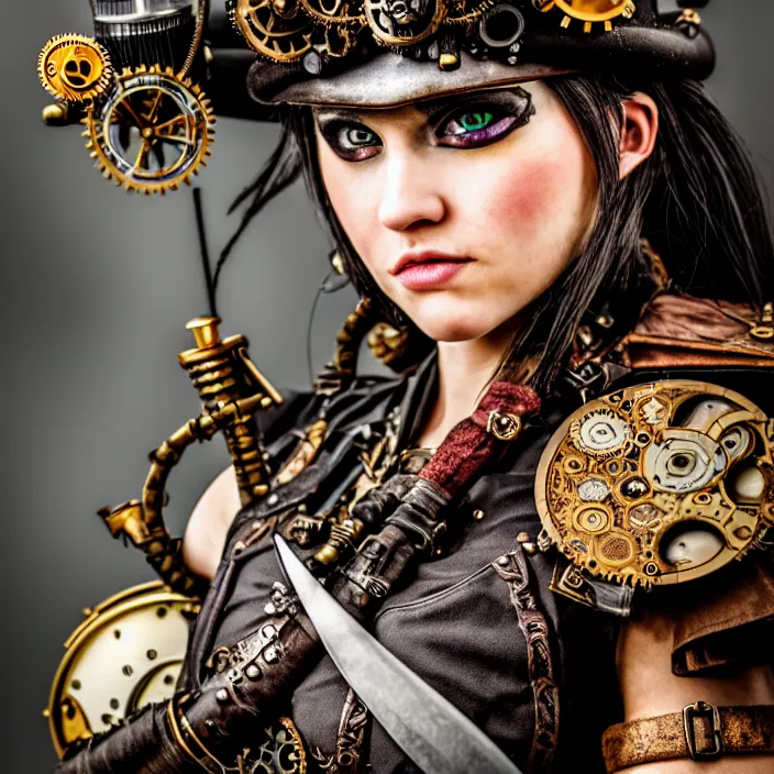 Image similar to photograph of a beautiful steampunk warrior. extremely detailed. dslr. 5 0 mm.