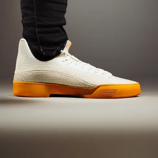 Image similar to a studio photoshoot of Nike sneakers designed by Tom Sachs, cream leather with knitted mesh material, gum rubber outsole, realistic, color film photography by Tlyer Mitchell, 35 mm, graflex