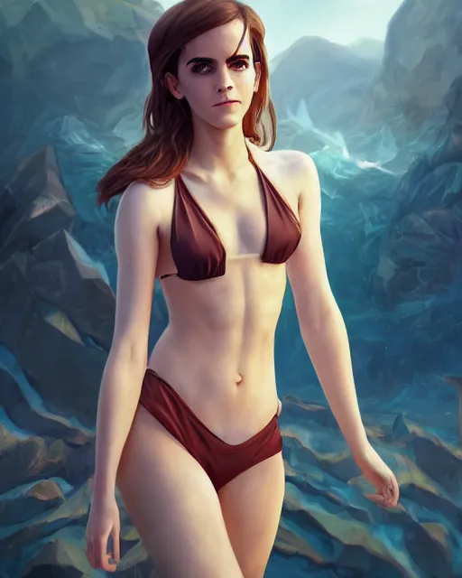 Image similar to full body league of legends portrait of emma watson wearing a bikini, au naturel, hyper detailed, digital art, trending in artstation, cinematic lighting, studio quality, smooth render, unreal engine 5 rendered, octane rendered, art style by klimt and nixeu and ian sprigger and wlop and krenz cushart.