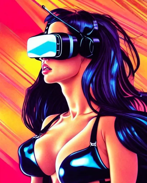 Image similar to low angle closeup very seductive megan fox retro scifi goddess pinup, vr goggles, action glamour pose, windblown dark hair, hyper detailed, digital art, studio lighting, smooth, ambient lighting, sharp focus, frank miller, wlop, anna dittmann, moebius!, alphonse mucha, patrick nagle!!!, rim lighting, synthwave