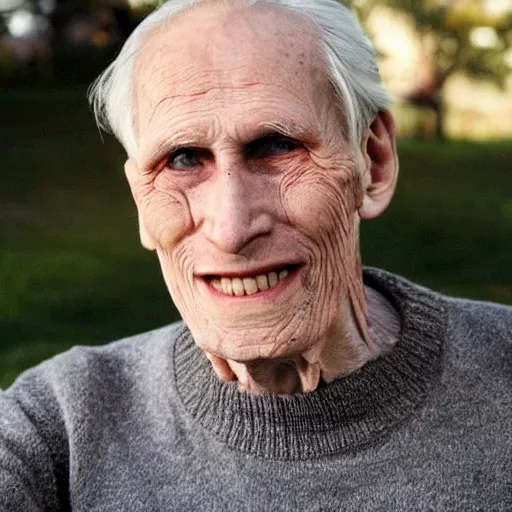 Image similar to A photograph of old Jerma985 in his eighties who looks like Jerma985 wearing a sweater in the 2010s, Jerma985, looks like Jerma985, taken in the late 2010s, taken on a 2010s Camera, realistic, hyperrealistic, very realistic, highly detailed, very detailed, extremely detailed, detailed, digital art, trending on artstation, headshot and bodyshot, detailed face, very detailed face