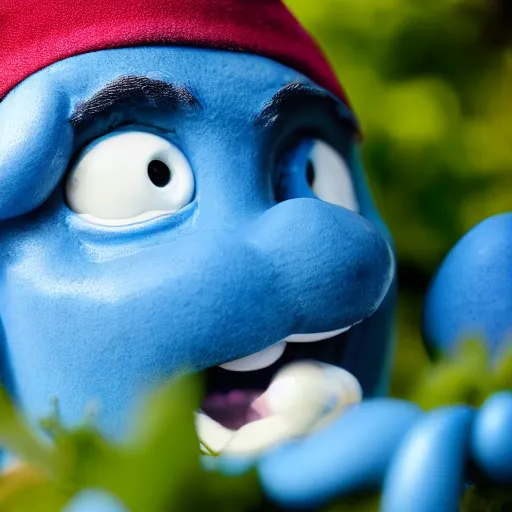 Image similar to close - up photo of a real life smurf, f 1. 4, garden, golden ratio, rim light, top light, overcast day