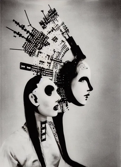 Image similar to Portrait of a punk goth fashion fractal cosmonaut girl with a television head wearing kimono made of circuits and leds, surreal photography by Man Ray