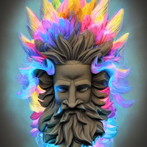 Prompt: intricate stone carving of a bearded male nature spirit, hair festooned with floral botanicals, radical faerie, rainbow background, sculptural, volumetric lighting, photorealistic, trending on artstation, atmospheric, mystical style