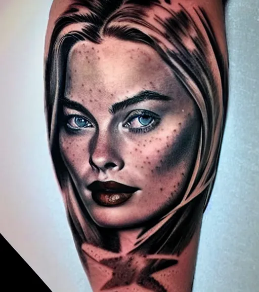 Prompt: mash up tattoo sketch of margot robbie with beautiful mountain scenery, in the style of arlo dicristina, hyper realism, amazing detail, sharp