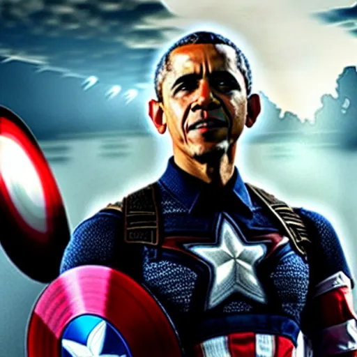 Image similar to barack obama as captain america in the avengers. movie still. cinematic lighting.