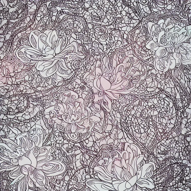 Image similar to Intricate lace onyx lotus bloom macro photo, liquid splash bloom stylized illustration by james jean