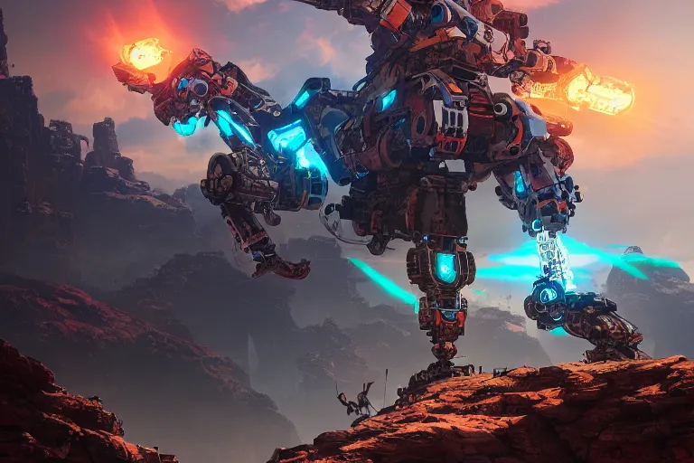 Image similar to rockbreaker machine mecanical creature robot of horizon forbidden west horizon zero dawn radiating a glowing aura global illumination ray tracing hdr fanart arstation by ian pesty and alena aenami artworks in 4 k