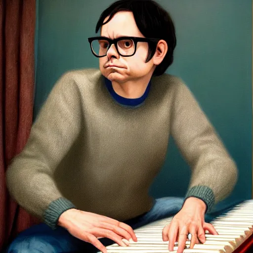 Image similar to An Oil Painting of Rivers Cuomo in a sweater with long hair and a mustache playing his piano in an apartment as a nuke drops onto the city outside his window next to him, hyperrealistic, extremely realistic, highly realistic, HD Quality, 4k resolution, 8k resolution, Detailed, Very Detailed, Highly Detailed, Extremely Detailed, Intricate Details, Real, Very Real, Oil Painting, Digital Painting, Painting, Trending on Deviantart, Trending on Artstation