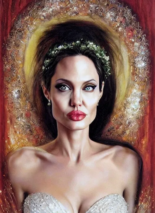 Prompt: Angelina Jolie as a bride at her wedding, wedding portrait art by Karol Bak