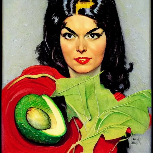 Image similar to Frontal portrait of a superheroine with avocado powers. Painting by Norman Rockwell.