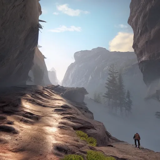 Image similar to pathway canyon in between mountains, unreal engine, high detail, realism, award winning, mist, detailed lighting