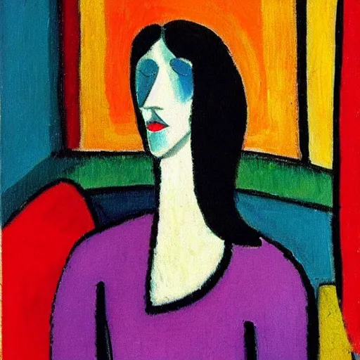 Prompt: representation of a beautiful girls in her room in the style of Alexej von Jawlensky, Russian painter