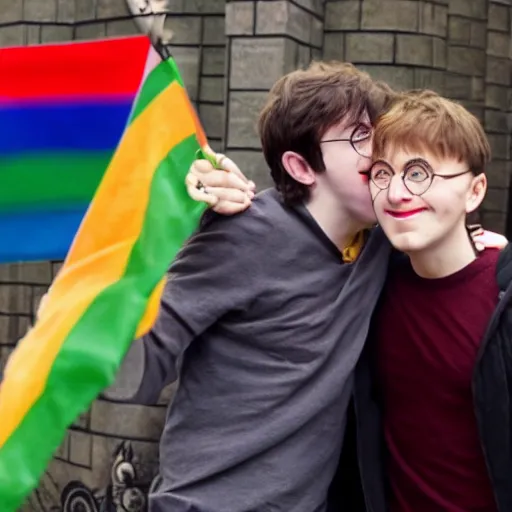 Image similar to harry potter hugging voldemort, pride flag in background