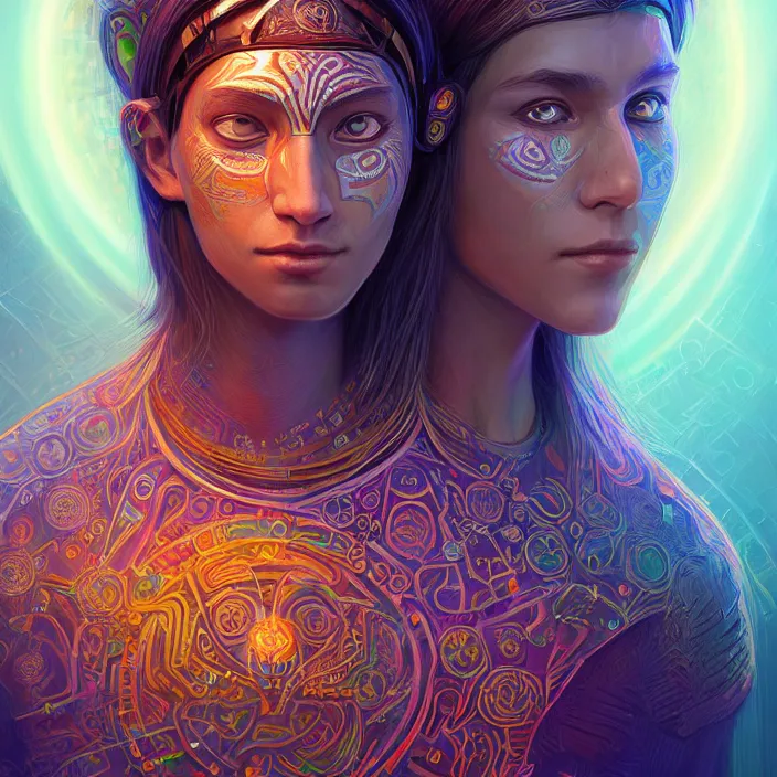 Image similar to portrait of a future metaverse ayahuasca tech shaman warrior, 2 d cartoon, visionary art, symmetric, magick symbols, holy halo, shipibo patterns, sci - fi, concept art, trending on art station, 8 k digital art, by mandy jurgens, fantasy portrait art, anime