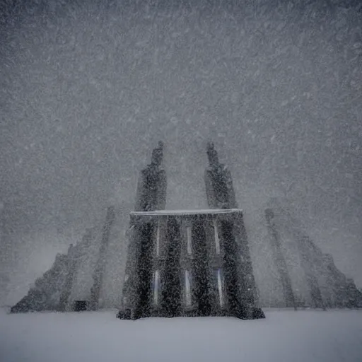 Prompt: a monolithic cathedral in the artic. overcast sky, grainy, snowing.