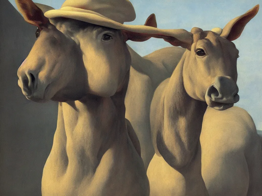 Prompt: a mule-person hybrid by Raphael, Hopper, and Rene Magritte. detailed, romantic, enchanting, trending on artstation.