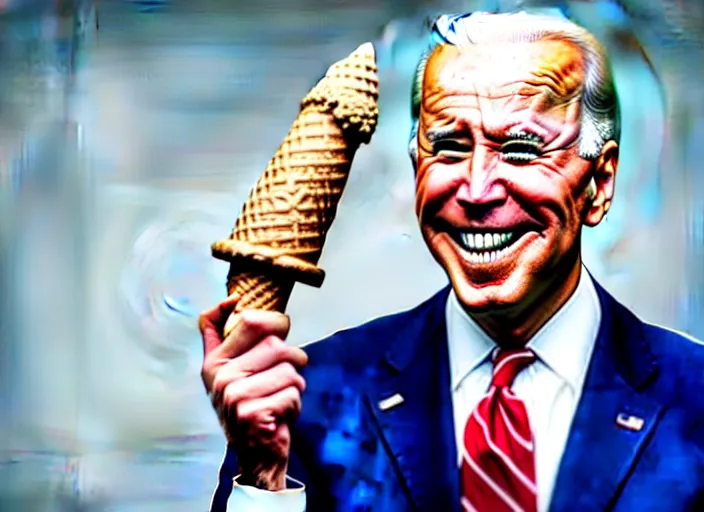 Image similar to political cartoon, joe biden eating an ice cream cone, white background, realistic, detailed