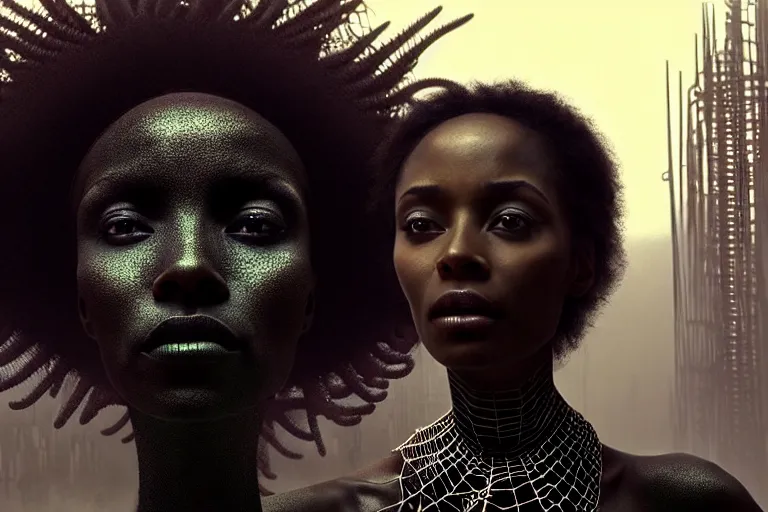 Image similar to realistic detailed photorealistic portrait movie shot of a beautiful black woman with a giant spider, dystopian city landscape background by denis villeneuve, amano, yves tanguy, alphonse mucha, ernst haeckel, david lynch, edward robert hughes, roger dean, cyber necklace, rich moody colours, wide angle